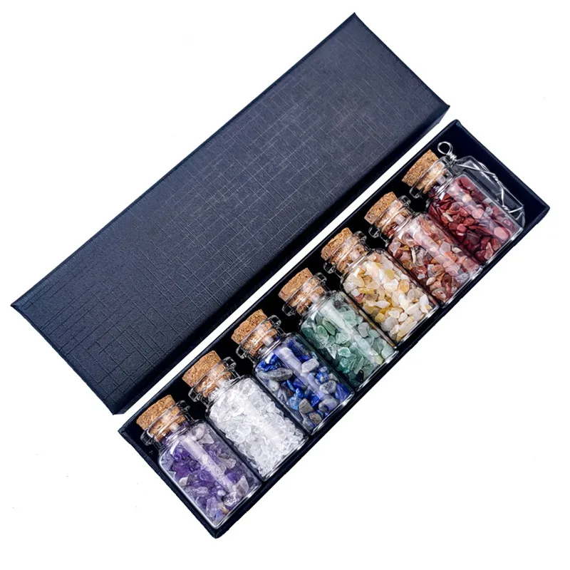 

7 Colors Glass Wishing Bottles Gemstone Crystal Chips Healing Reiki Stones Set for Necklace Jewelry Making Home Decoration