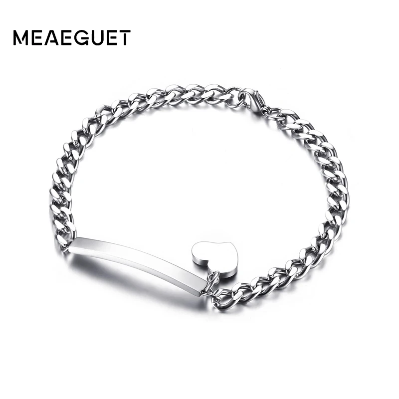 

Personalized Engrave ID Name Bracelet For Women Customized Stainless Steel Chain Link Silver Bracelet Heart Bangle Jewelry 8mm