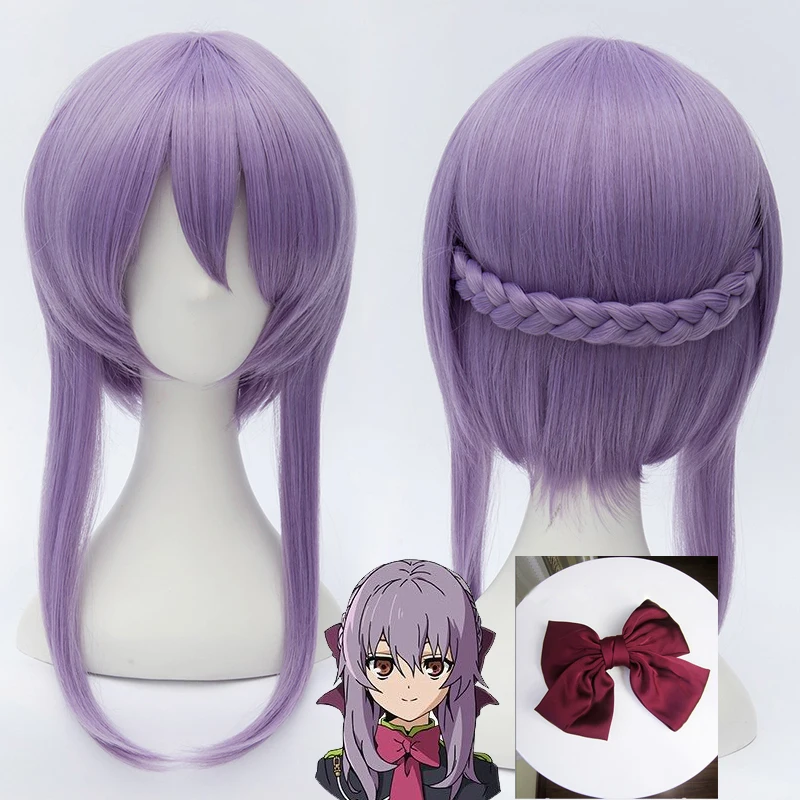 

Seraph of the end Hiiragi Shinoa Wigs Light Purple Heat Resistant Synthetic Hair Perucas Cosplay Wig + Wig Cap + Bowknot Hairpin