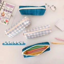 1pcs Simple California Girl Grid Lines Cotton Pencil Bag Korean Stationery Pen Case Pouches Fountain School Office Supplies