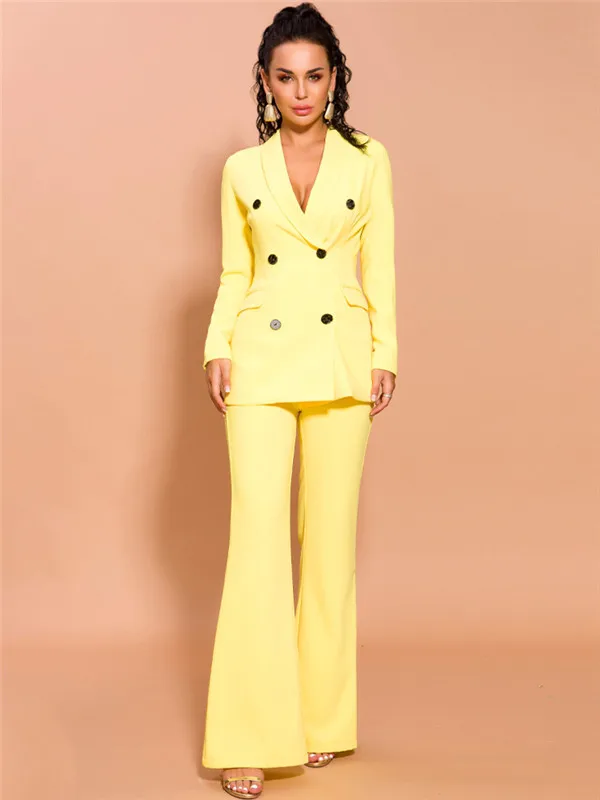 Giallo donna abiti da lavoro doppio petto Blazer donna pantalone abiti 2 pezzi smoking abiti per abito da sposa Blazer su misura