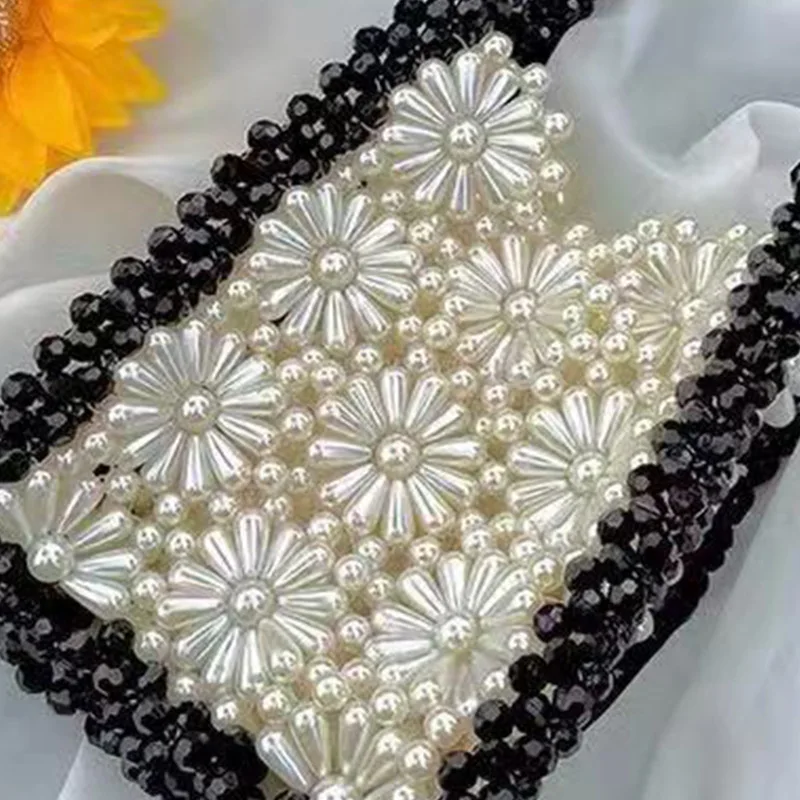 Chrysanthemum Portable Clear Bags for Women Black Border White Pearl Braided Pearl Transparent Bag Summer Flower Acrylic Purse