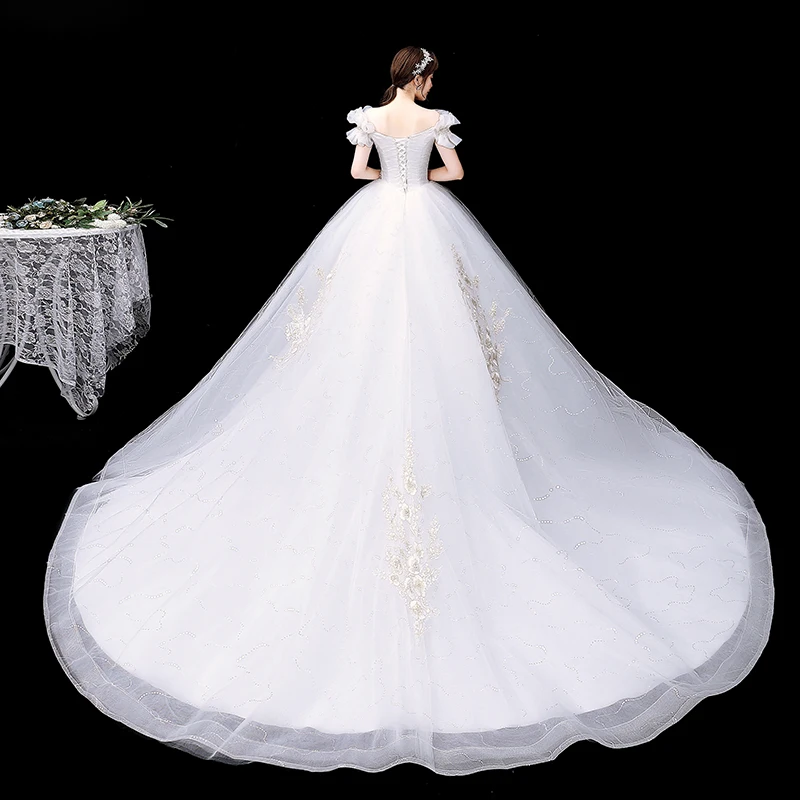 AnXin SH princess flower white party vintage boat neck ruffles sleeve beading bride white sparkly customized wedding dress