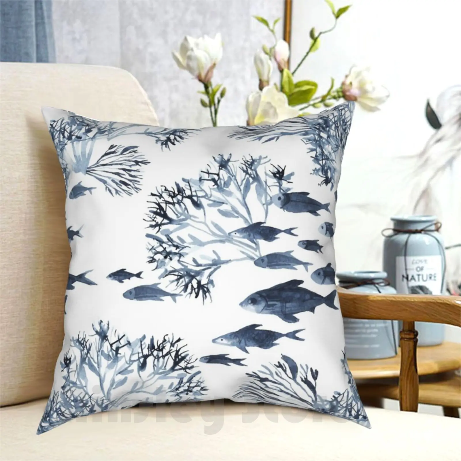 Coral Reef Watercolor Blue Pillow Case Printed Home Soft Throw Pillow Coastal Marine Seahorse Blue Sapphire Seashell