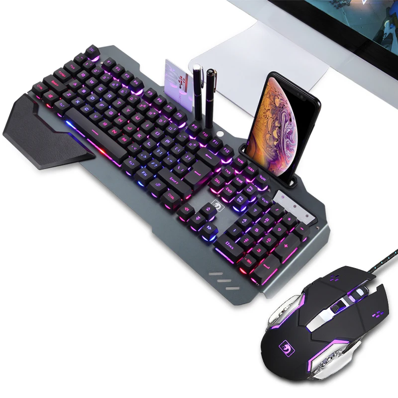 Ratón y teclado RGB para Gaming, conjunto de teclado semimecánico, retroiluminado, múltiples atajos, alfombrilla de ratón óptico de 3200 DPI con soporte