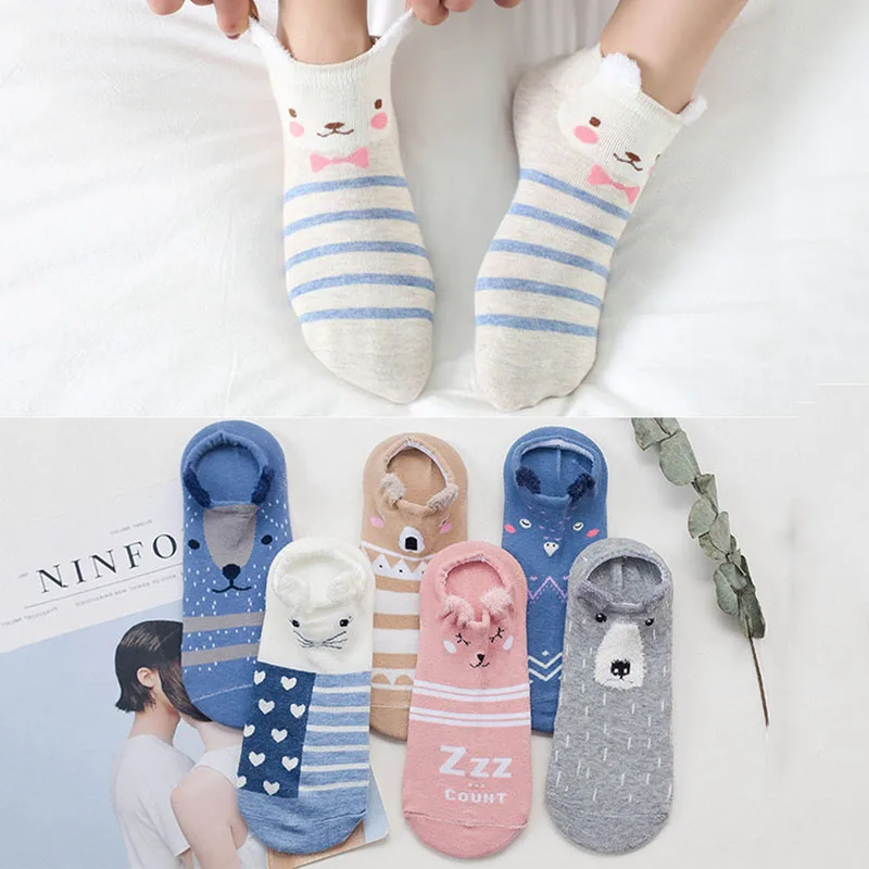 5 Pairs Women's Socks Spring Summer Three-Dimensional Shallow Mouth Cartoon Female Cotton Invisible Japanese Cute Animals Socks