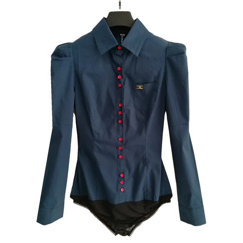 Office Ladies Vintage Long Sleeve Button Bodysuit Cotton Body Shirt with One Pocket Elastic Mesh Panty Dark Blue White Red S-3XL