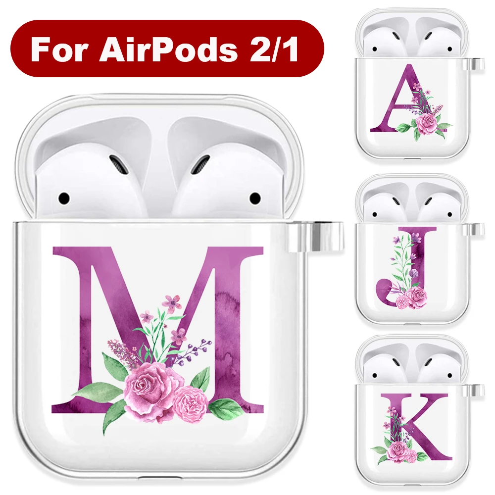 Purple Rose Bouquet Floral 26 Letters Soft TPU Case For AirPods 2 1 Transparent Silicone Wireless Bluetooth Earphone Box Cover