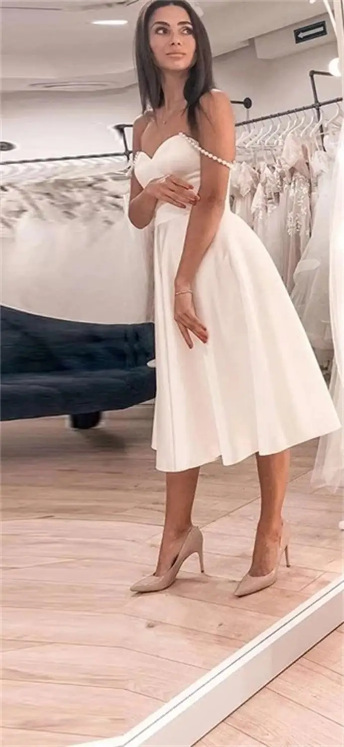 New arrival Sexy Satin Wedding Dress for Women Tea-Length Sleeveless A-Line Off the Shoulder Robe De Mariee Vestido Novia