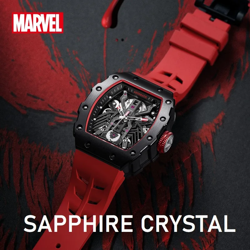 Montre-bracelet automatique Disney Avengers Heros, modules Marvel Venom, montre-bracelet à remontage automatique, fibre de carbone, cadran creux, saphir, cristal, zones de montre