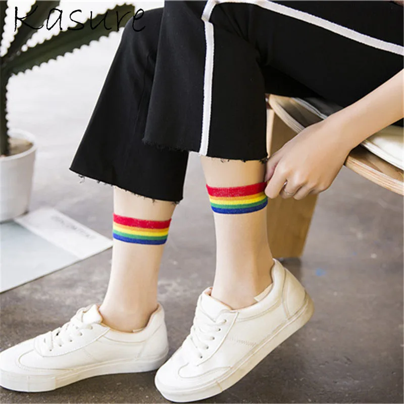 KASURE Summer Spring Transparent Thin Mesh Ankle Socks With Colorful Rainbow On The Top Elastic Shiny Fishnet Socks