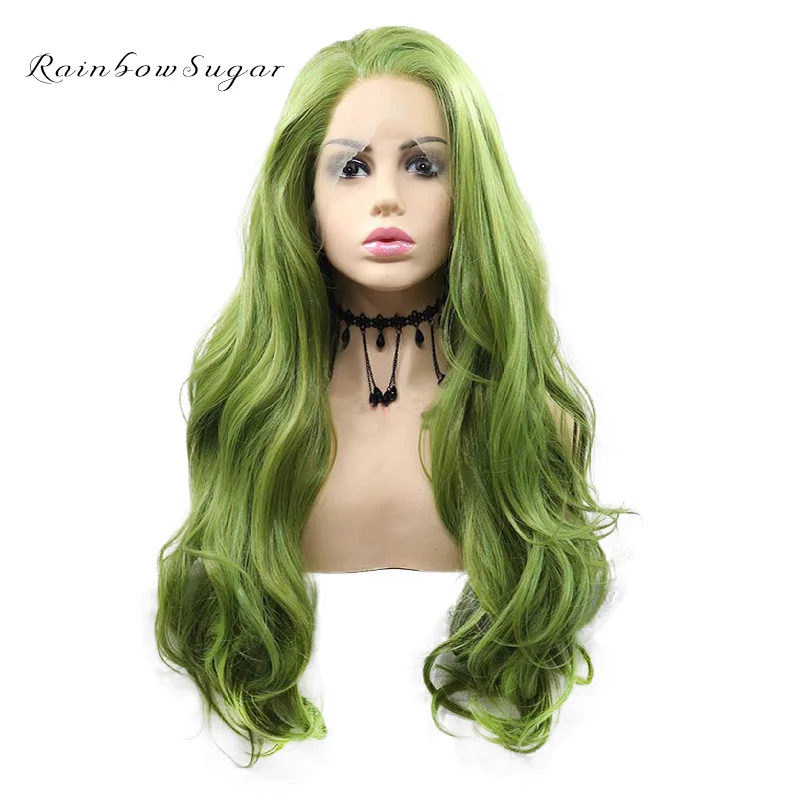 Long Grass Green Wavy Lace Front Wigs 24 inch Synthetic Hair Cosplay Wigs for Women African American Heat Resistant Fiber Hair