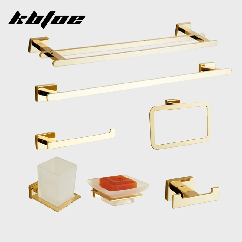 Gold Bathroom Accessories Modern Hardware Set Alloy Towel Rack Bar Toilet Paper Holder Robe Hook Soap Dish Towel Ring Wash Cup