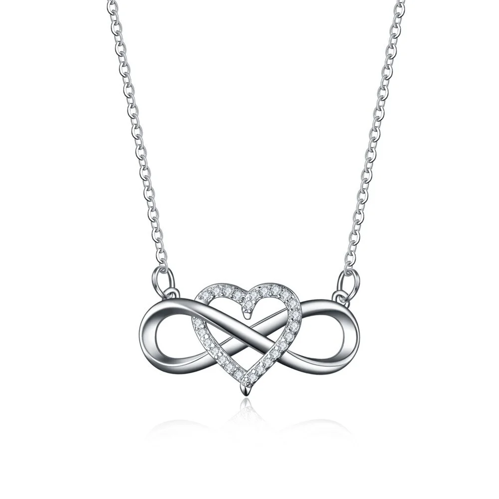 Silver Color Infinity Heart Zirocn Pendant Necklace Rose Gold Color White Crystal Stone Long Necklace Jewelry for Women