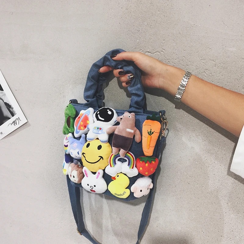 Cute Japanese Cartoon Canvas Bag Women Bags Bucket Bag Kawaii Plush Pendant Shoulder Bags Messenger Bag High Capacity Side Bag