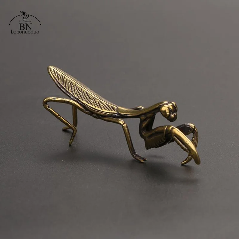 Copper Mantis Miniature Ornament Tea Pet Antique Solid Insect Figurine Desk Decoration Craft Accessories Vintage Flowerpot Decor