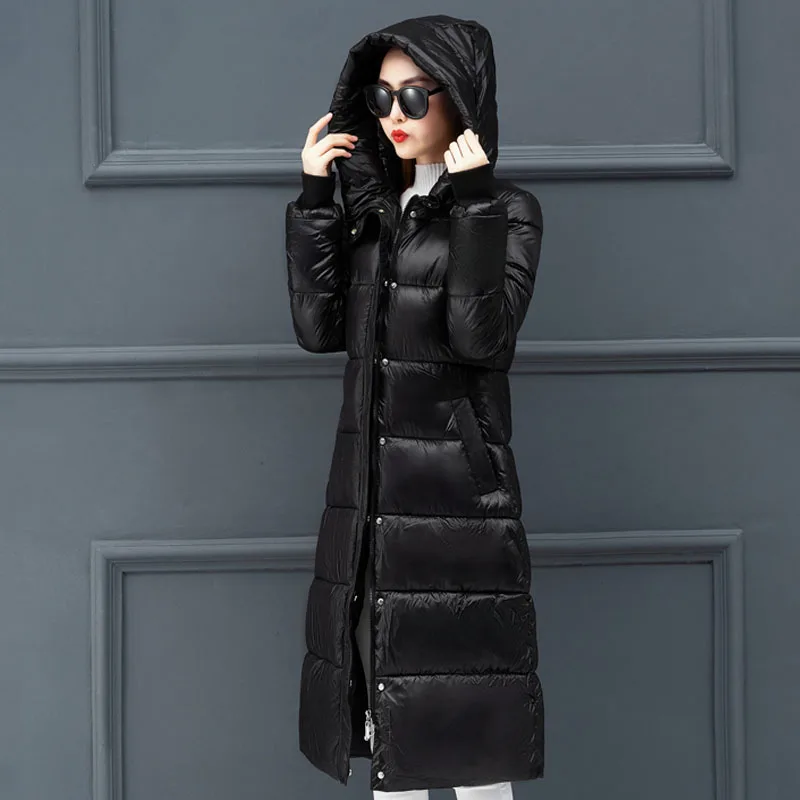 Plus size x-long jacket women Nice winter solid mujer parkas hooded stand collar slim thicken office ladies cotton kurtka damska