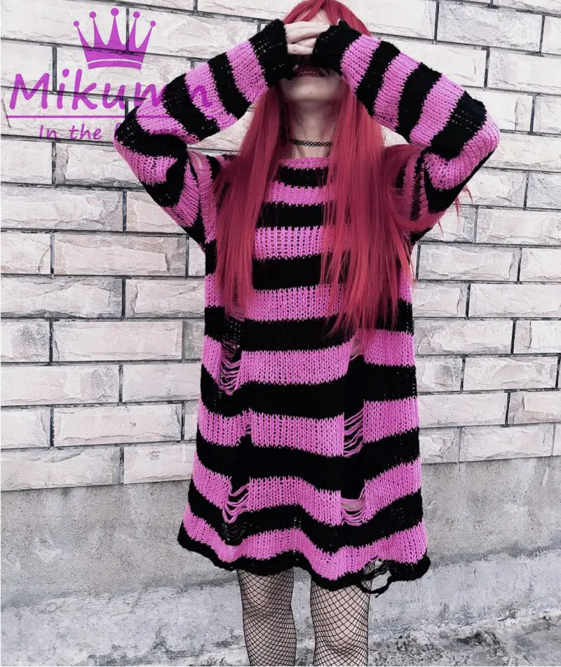 Gothic Grunge Striped Knitted Sweater Women Long Pullovers Loose Thin Punk Sweaters Jumpers Mujer Jersey Chic Streetwear