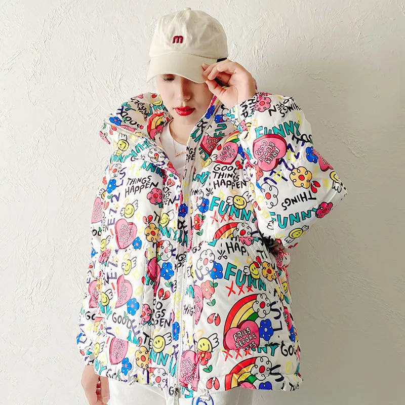 Piumino da donna graffiti piumino d'anatra bianco 2021 nuovo cappotto con cappuccio con stampa allentata stile corto coreano abbigliamento invernale stile moda