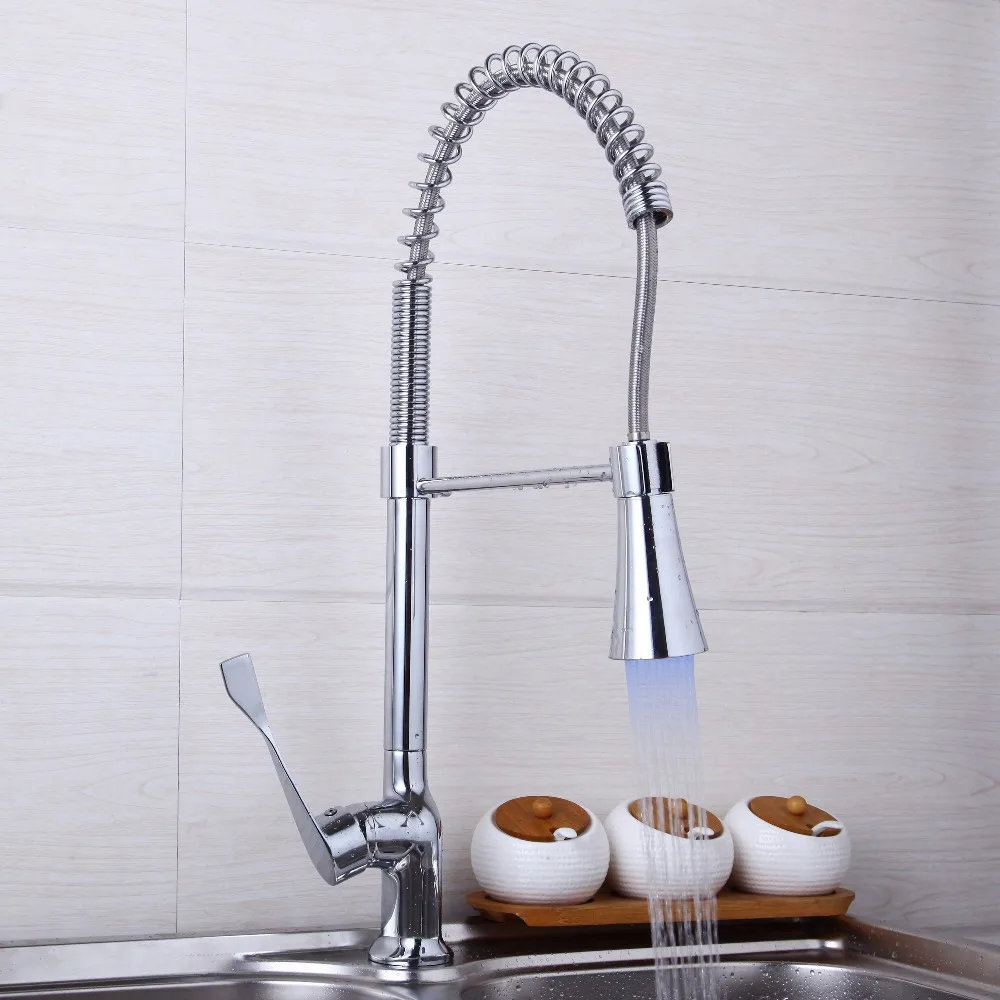 JIENI Solid Brass Kitchen Faucet Tap Mixer with Color Changing LED Light Spring Swivel Spray Kitchen Vessel Sink Mixer Tap