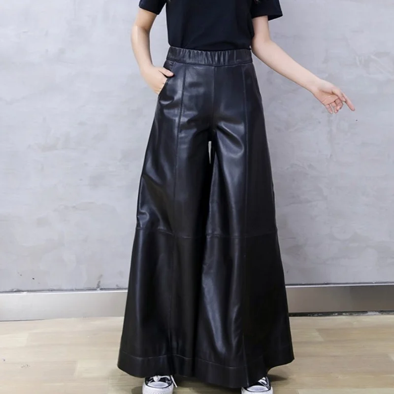 Genuine Brand Leather Wide Leg Pants Women Street Elastic Waist Zipper Casual Flare Pants Sheepskin Loose Trousers Female S-3XL