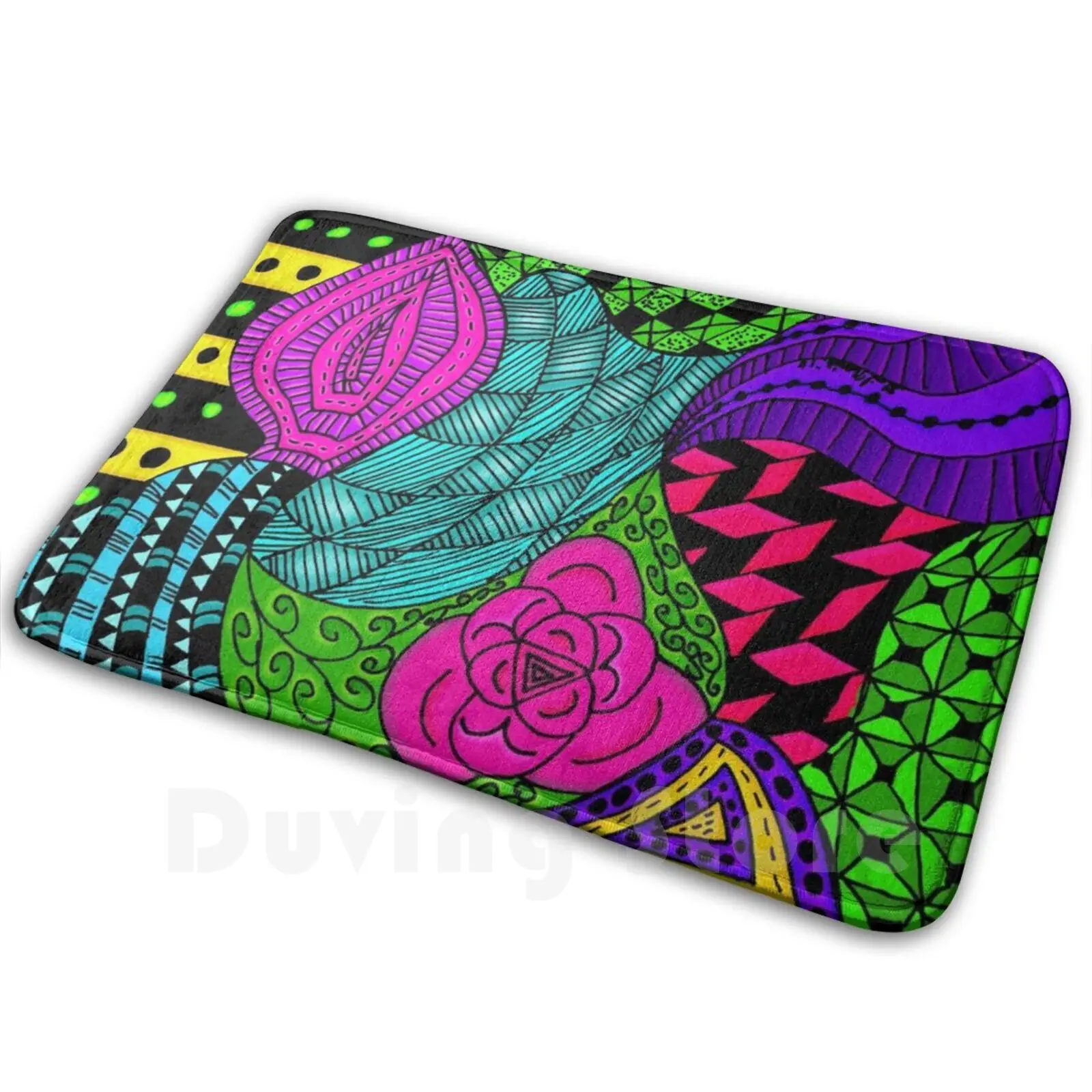 Rose In Green And Blue Soft Non-Slip Mat Rug Carpet Cushion Pink Red Blue Yellow Purple Flower Zen Doodle Zen Tangle