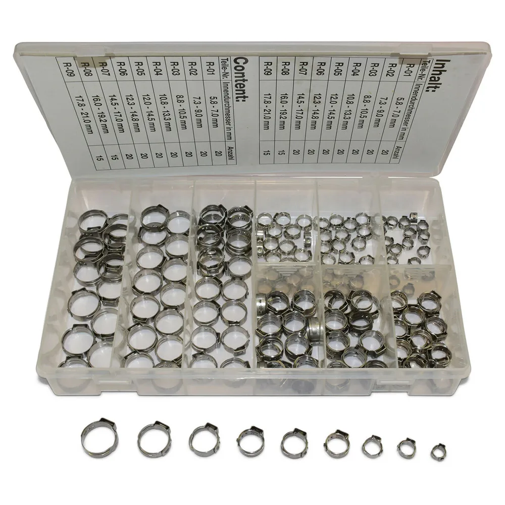 170pcs 1 Ear Clamps Hose Clamp 5.8-21mm Assortment w/ Hose Clamps Pliers Stainless Steel Clamps Rings for Sealing Kinds of Hose