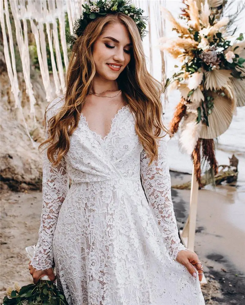 Robe De mariée en dentelle, style Boho, col en v, dos nu, ligne a, manches longues, robe De plage, grande taille