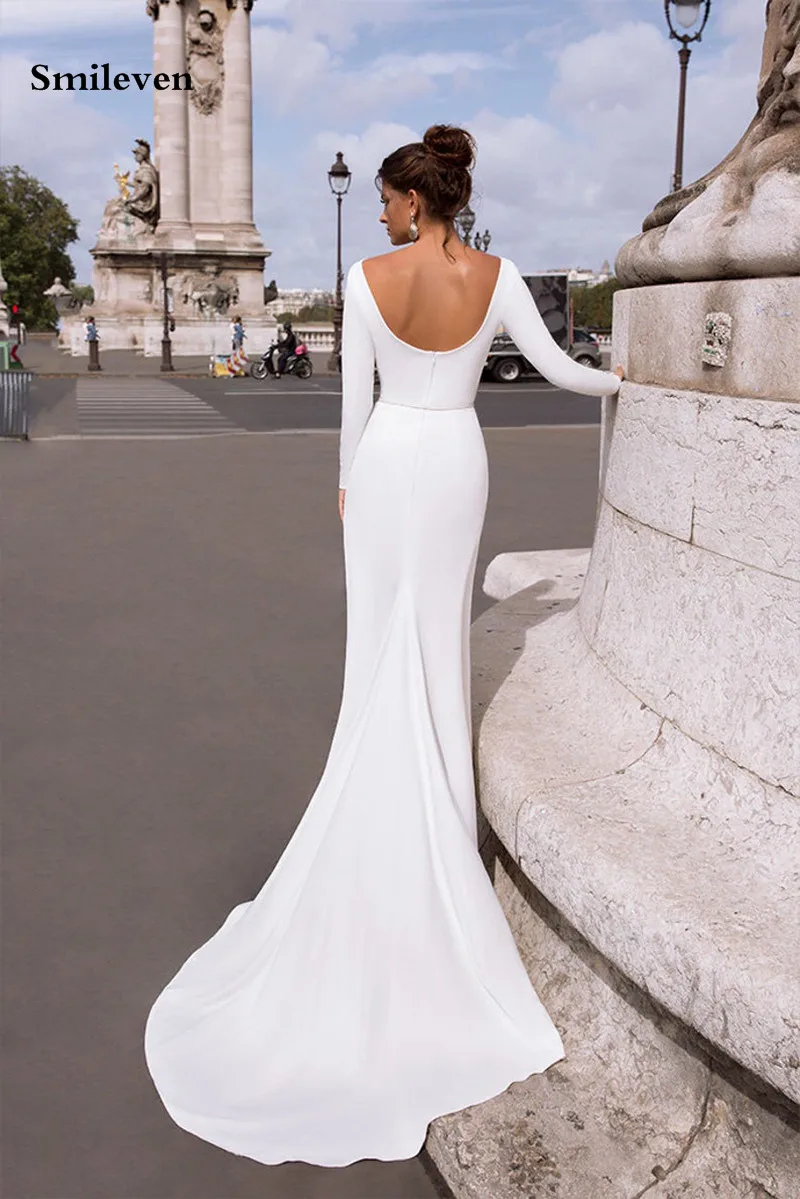 Smileven Morbido Raso Della Sirena Abiti Da Sposa Manica Lunga Elegante Backless Vestito Da Sposa Abiti Da Sposa 2020 Vestido De Noiva