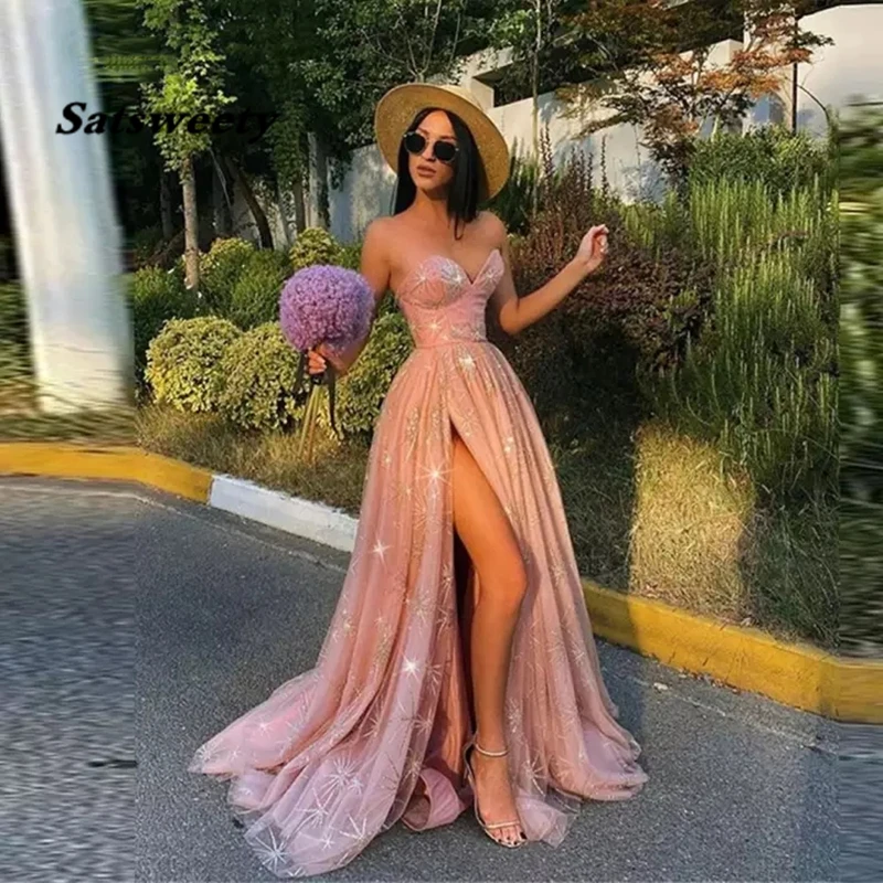 Sexy Sweetheart Evening Dresses Blush Pink Shiny Side Slit Long Prom Gowns Party Dress Formal Wear