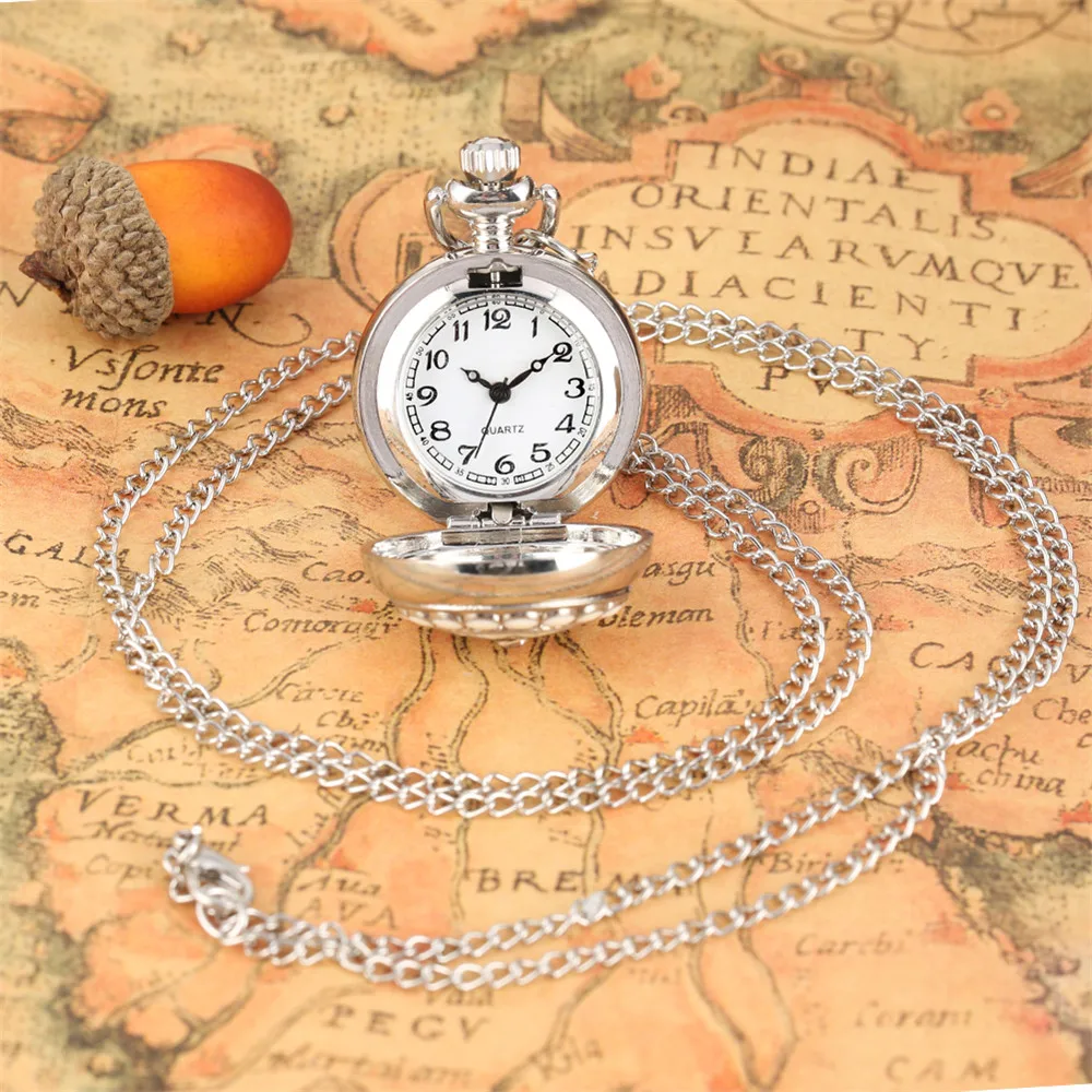 Elegant Flowers Pattern Design Necklace Watch Female Quartz Pocket Watch Silver Sweater Chain Pendant Tiny Pocket Clock