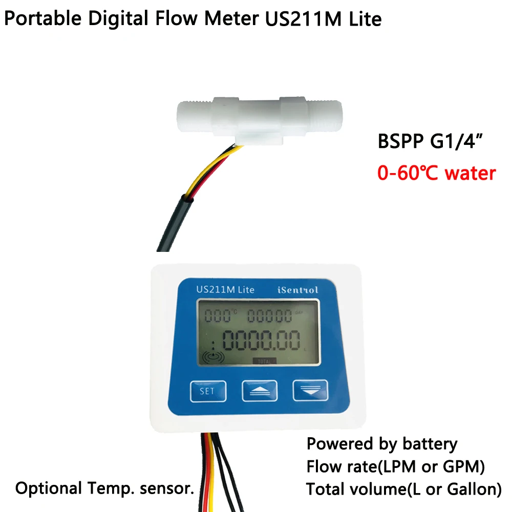 

US211M Lite USN-HS41TA 0.3-2.5LPM Digital Flow Meter 5V Flow Reader Compatible with all our hall effect water flow sensor& temp