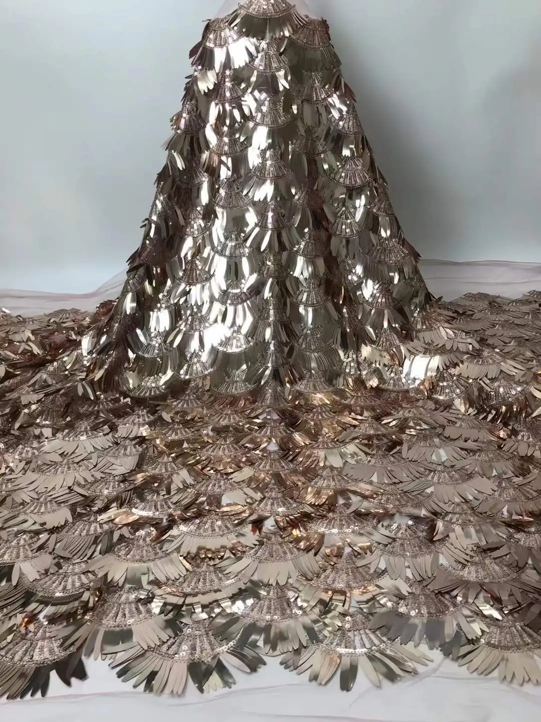 Champagne gold black Noble sequins sector embroidery mesh lace fabric DIY Evening dress accessories X1091