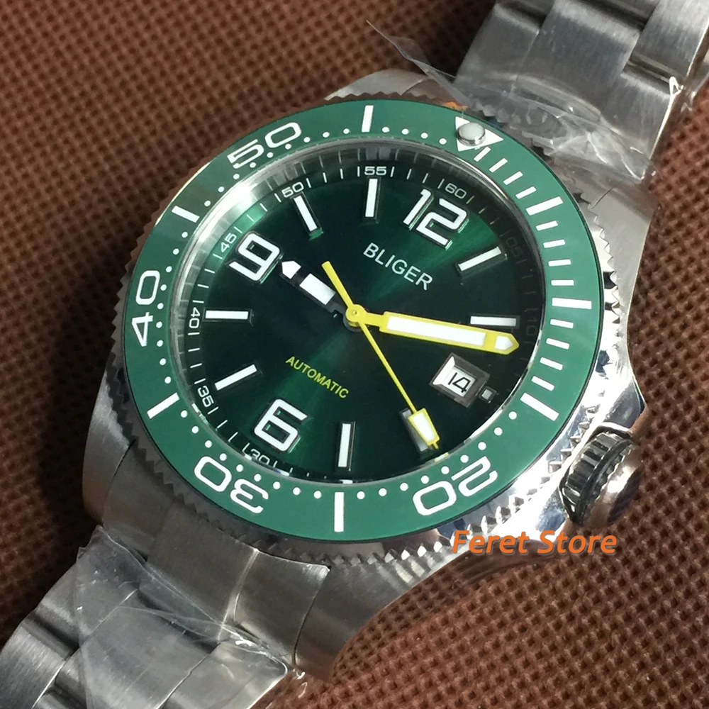 

New Bliger 43mm Luminous Men's Watch Silver stainless steel Case Sapphire Glass Ceramic Bezel Green Dial Date Automatic Watch