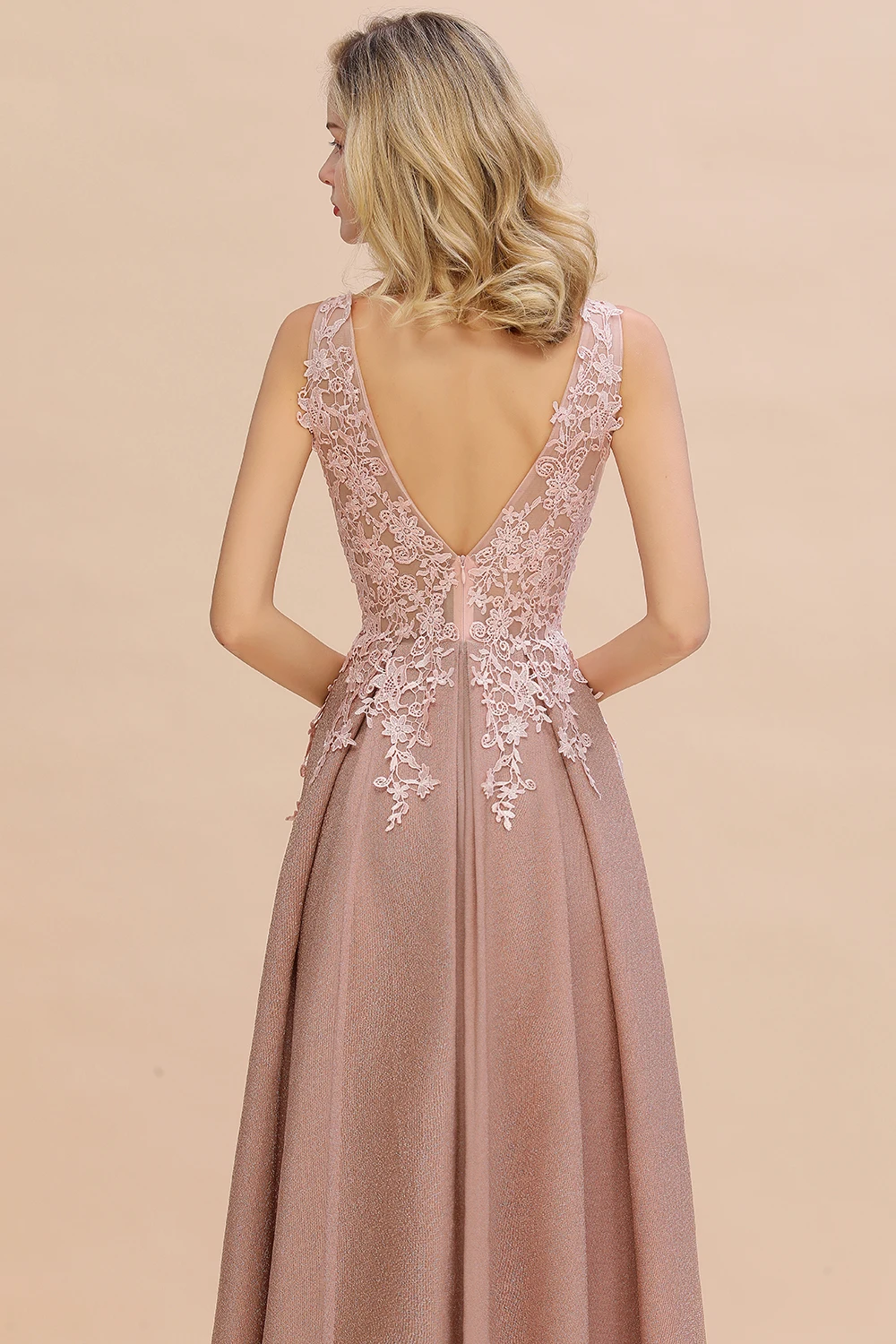 Robe de soirée longue rose poussiéreuse, sans manches, avec des Appliques en dentelle, dos nu, ligne A, robe élégante, Sexy, robes de fête