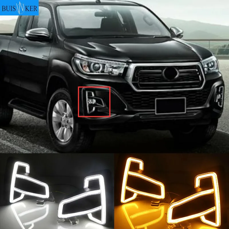 

1 Set For Toyota Hilux Revo Rocco 2018 2019 DRL LED Daytime Running Lights Diglight ABS Fog lamp Cover With Turn Yellow Signal