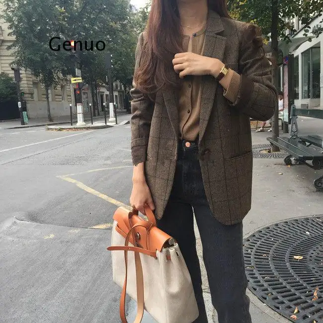 

Spring Korean Vintage Plaid Blazers Women Fashion Loose Notched Single Button Blazer Female Casual Coat Blazer