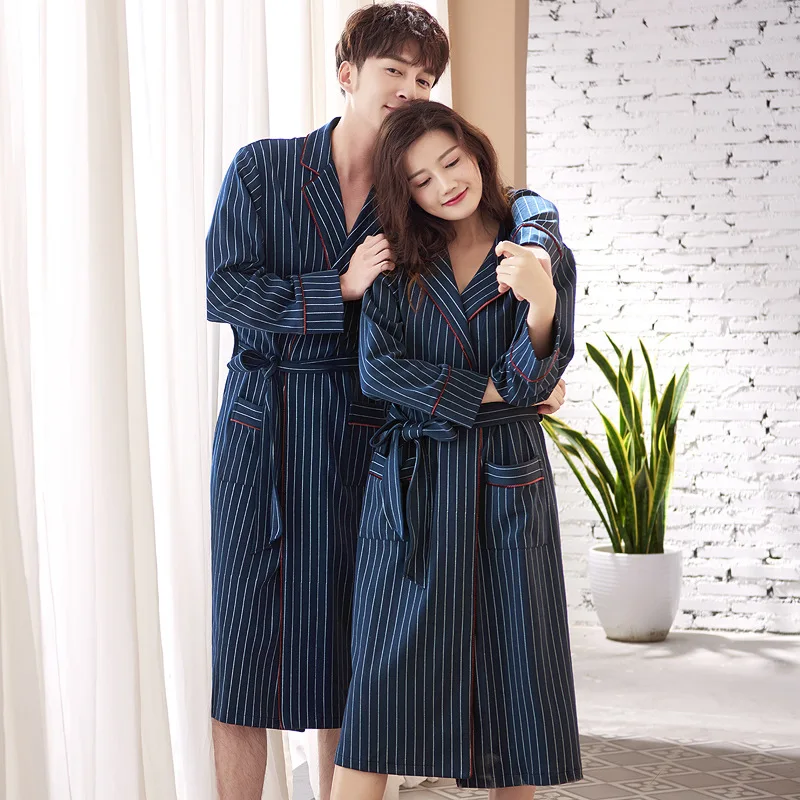 Spring Autumn 100% Cotton Novelty Lovers Night-Robe Couple's Winter Striped Pyjamas Leisure Bathrobes Breathe Freely Nightgow