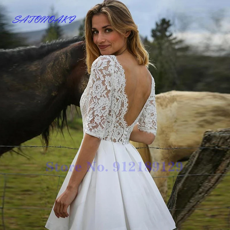 Vestidos De Novia Boho Lace Short Wedding Dresses Backless V Neck Half Sleeve Cheap Mini Bridal Gown Robe De Mariée Sukienka