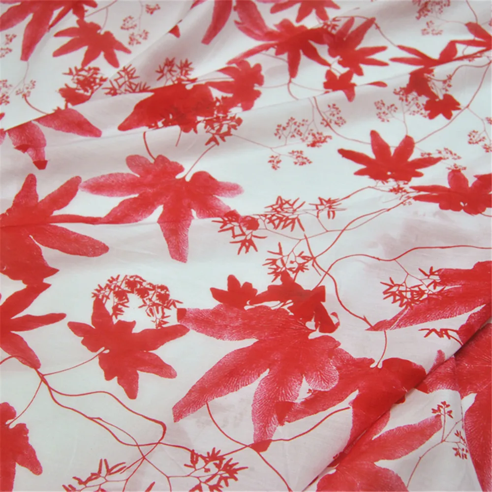 Unique Red Leaf Beautiful Design Silk Cotton Fabric with Comfortable Feeling Great Quality for Nice Women Shirt