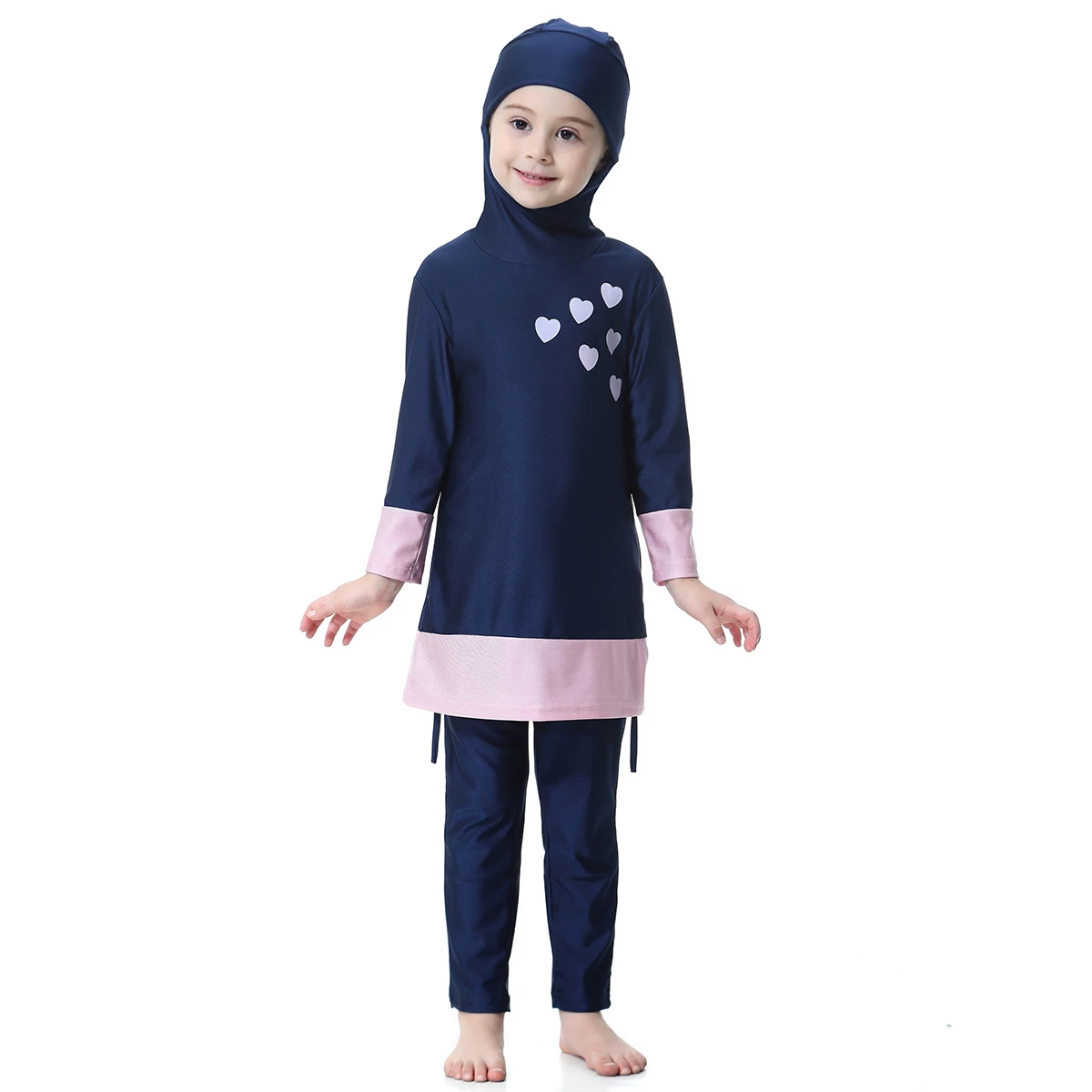 Color Match Overall Muslim Kid Swimsuit Burkini Islamic Girl Full Cover Swimwear Soft Long Abaya with Cap Beachwear Bathing Suit