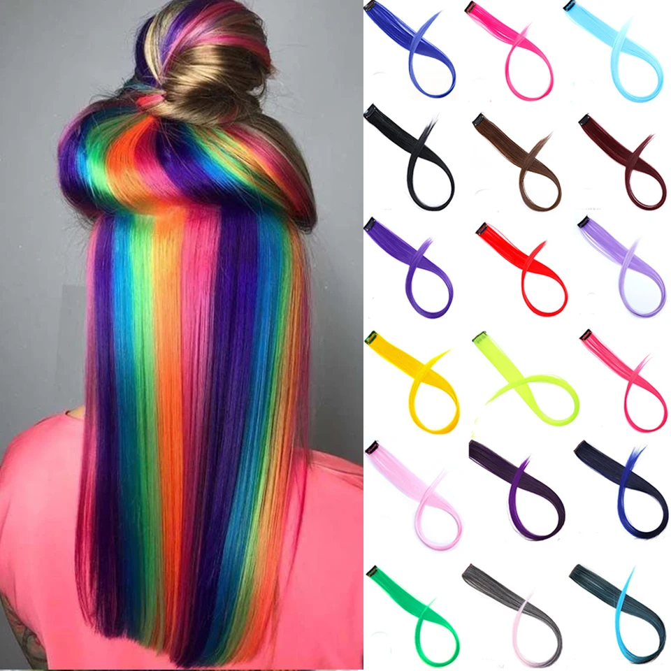 Lupu Synthetic Colorful Highlight Rainbow Hair Extensions Clip In One Piece 22 Inches Long Straight False Hair Pieces For Women