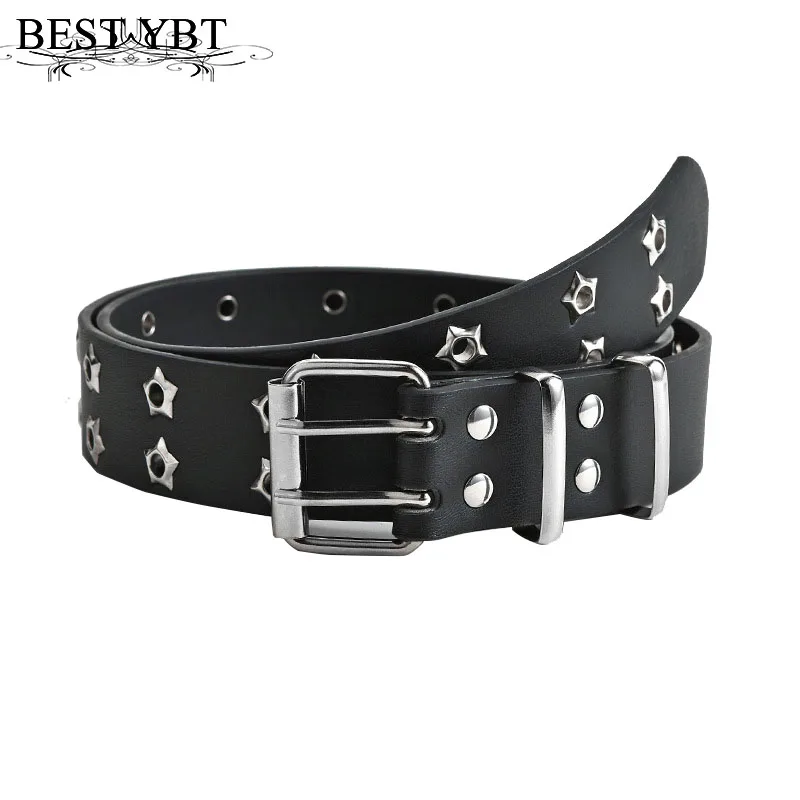 

Best YBT Imitation Leather Women's Belt Alloy Double Pin Buckle Belt New Star Hole Decoration Fashion Punk Style Belts For Jeans