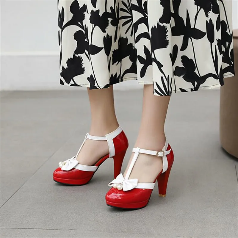 32-48Children Girl High heel Shoe Kids Princess Sandals Fashion Pearl Bow Thick Heel Shallow Female High heels For Party Wedding