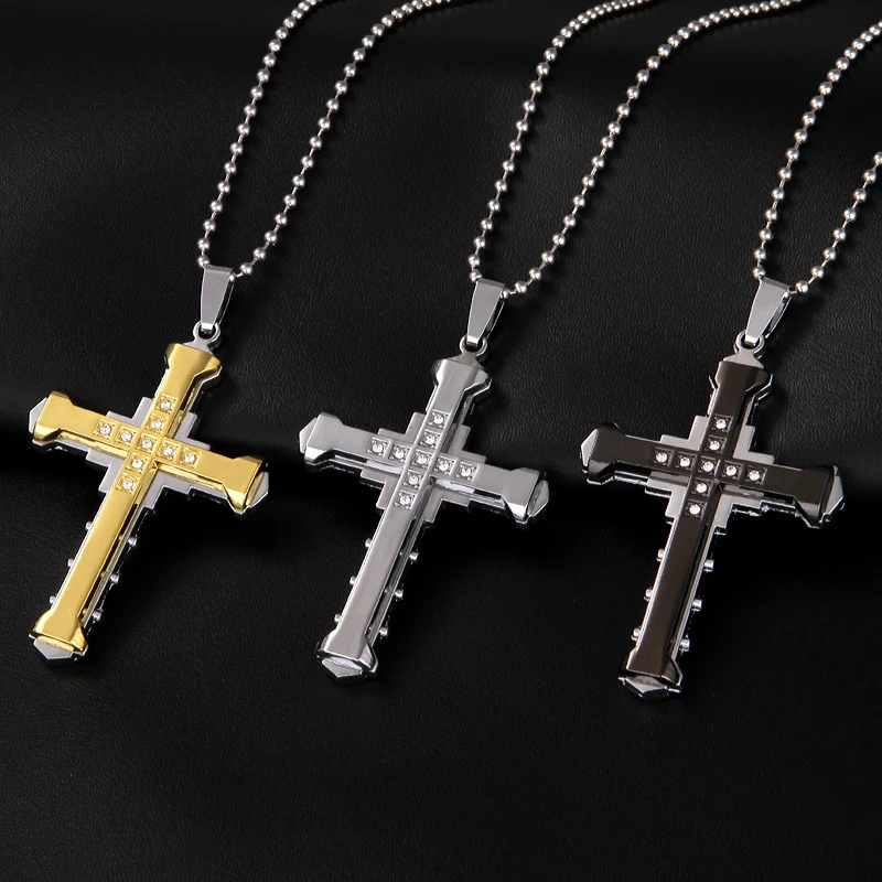 2024 New Male Crystal Cross Jesus Pendant Gold/Black/Blue Color Zirconia   Necklace Stainless Steel Jewelry