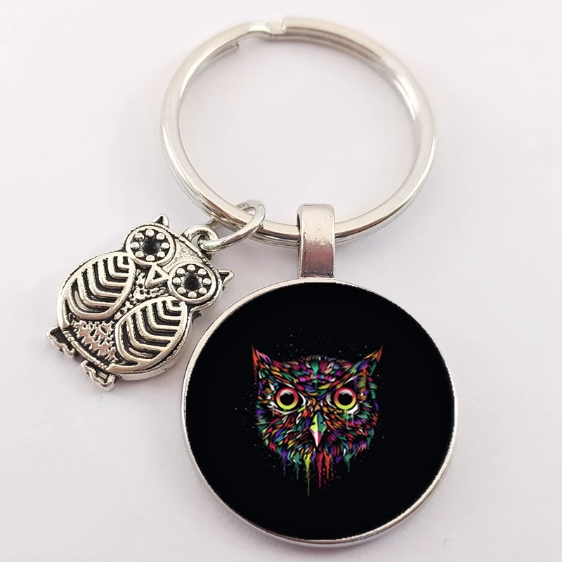 New cute cartoon owl key chain animal owl pattern key ring key ring chain holder glass convex round charm bag key chain