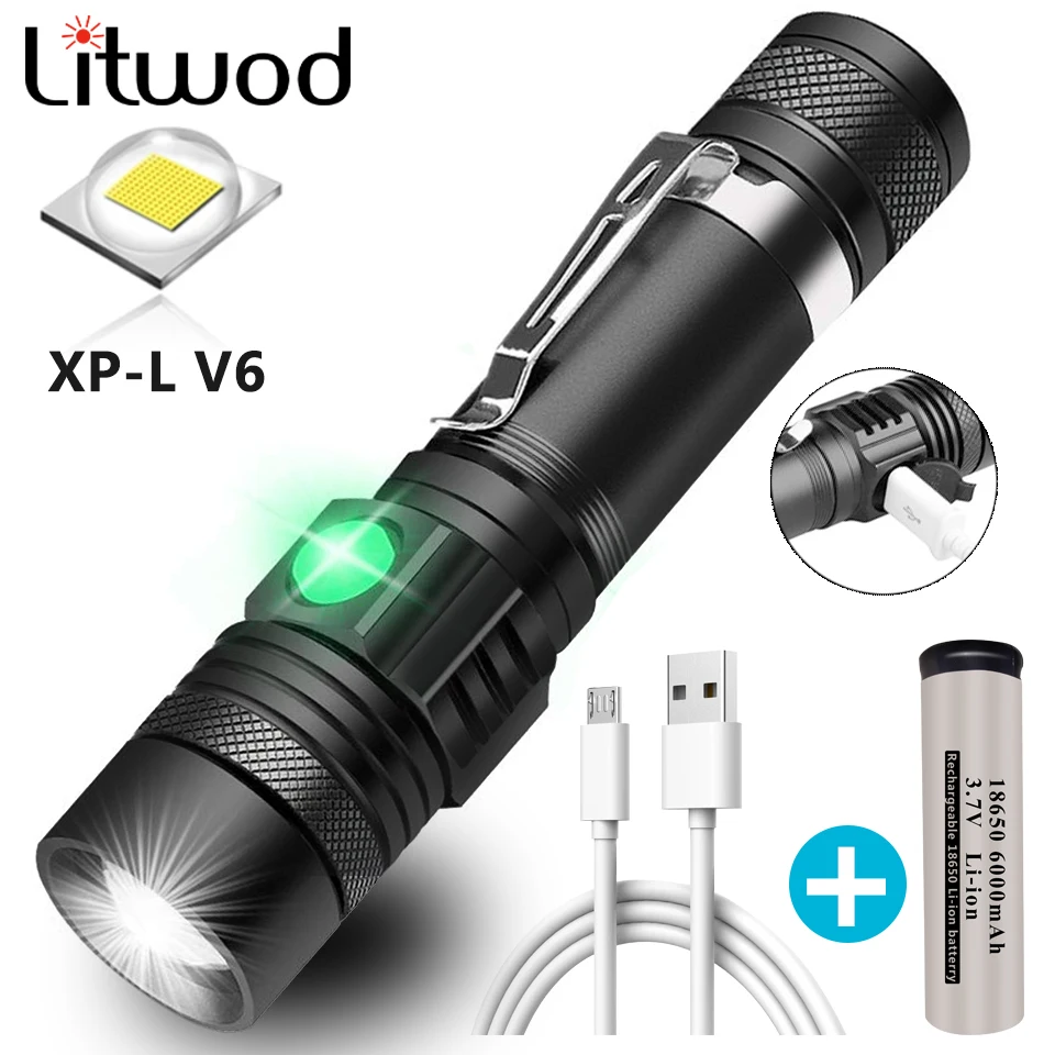 Ultra Bright LED Flashlight With XP-L V6 LED lamp beads Waterproof Torch Zoomable 4 lighting modes Multi-function USB charging