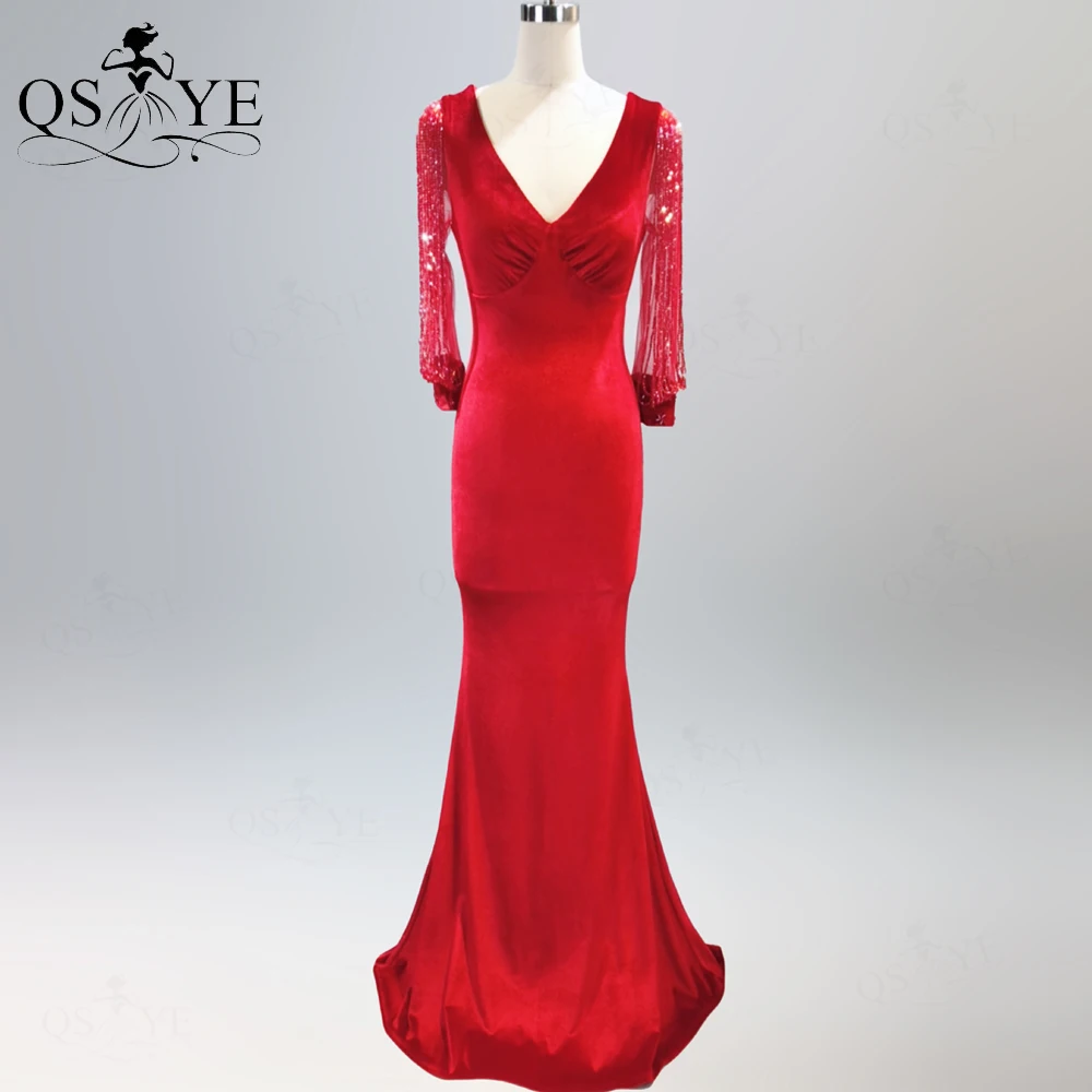 QSYYE – robe de soirée de forme sirène, tenue de soirée noire en velours, manches longues élastiques, col en V, perles, à la mode