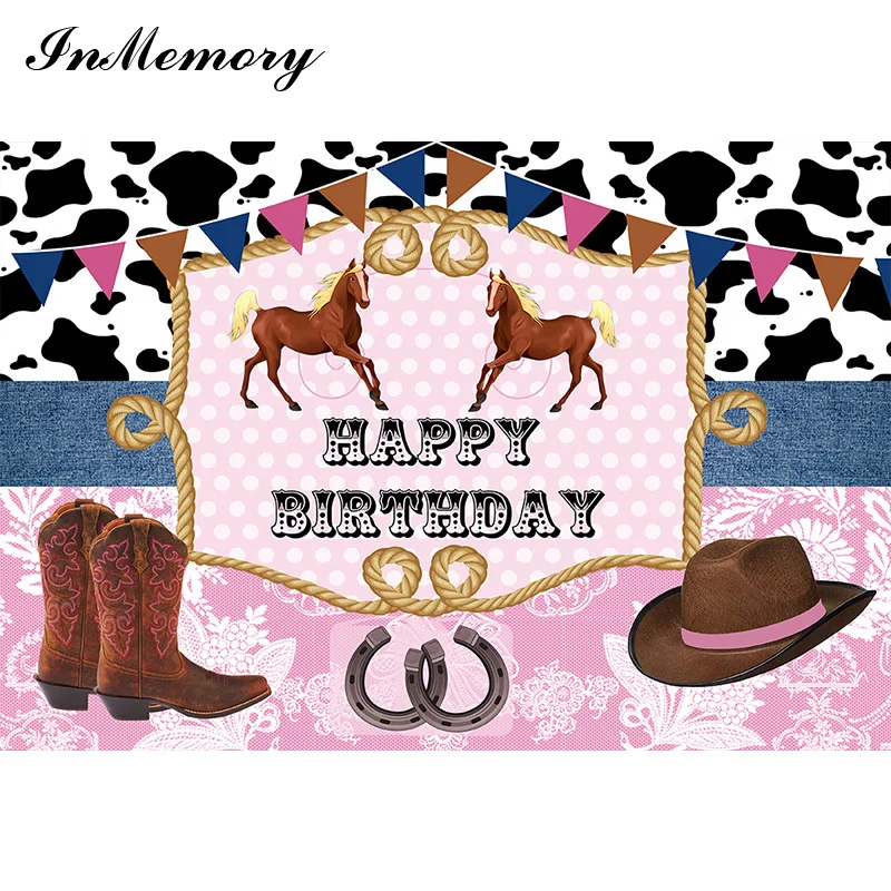 InMemory Western Cowboy Birthday Backdrops Horse Pink Girl Birthday Party Photography Background Photo Booth Props Vinyl 7X5FT