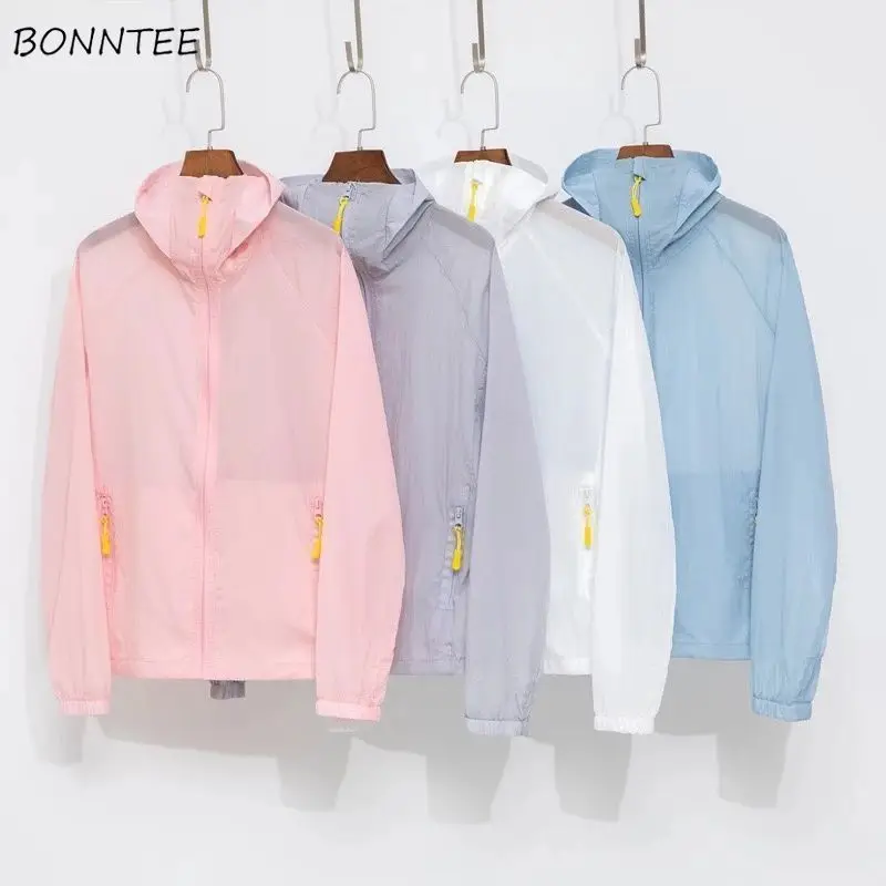 

Базовые Женские куртки, Повседневная однотонная Солнцезащитная летняя парная одежда Ulzzang унисекс, универсальная модная простая верхняя одежда в стиле преппи на молнии